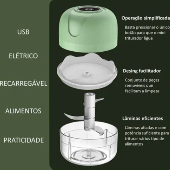 Mini Processador Elétrico de Alimentos Portátil com 3 lâminas de aço inox USB 250 ml Bivolt - vipzio