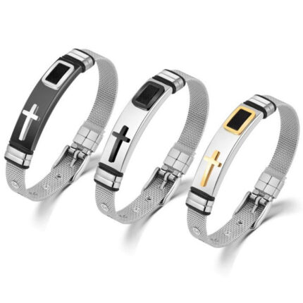 Pulseira Malha com Cruz Sagrada em Aço Inoxidável - Ajustável - vipzio