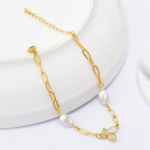 Pulseira Borboleta com Pérolas de Água Doce Ajustável em Aço Inoxidável - vipzio