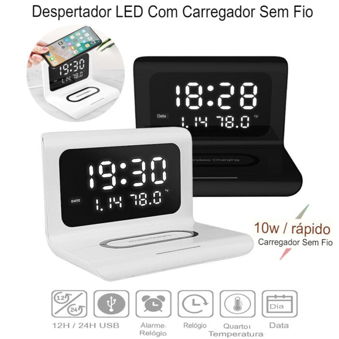 DigitalStation 4 em 1 Multifuncional - Carregador por Indução, Hora, Calendário e Temperatura - vipzio