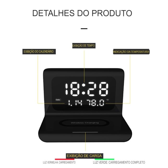 DigitalStation 4 em 1 Multifuncional - Carregador por Indução, Hora, Calendário e Temperatura - vipzio