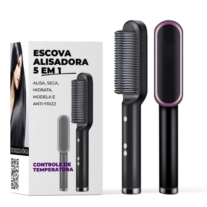 Escova Alisadora 5 em 1 - Alisa, Seca, Hidrata, Modela e Anti-Frizz - - vipzio