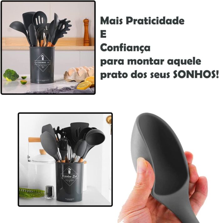 Kit com 12 Utensílios De Cozinha em Silicone e Madeira de Bamboo - vipzio