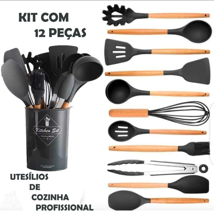 Kit com 12 Utensílios De Cozinha em Silicone e Madeira de Bamboo - vipzio