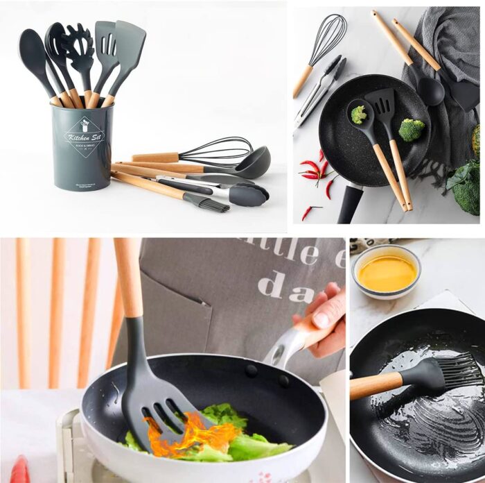 Kit com 12 Utensílios De Cozinha em Silicone e Madeira de Bamboo - vipzio