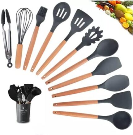 Kit com 12 Utensílios De Cozinha em Silicone e Madeira de Bamboo - vipzio