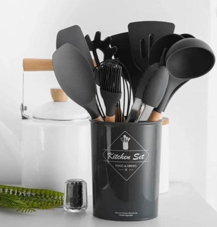 Kit com 12 Utensílios De Cozinha em Silicone e Madeira de Bamboo - vipzio