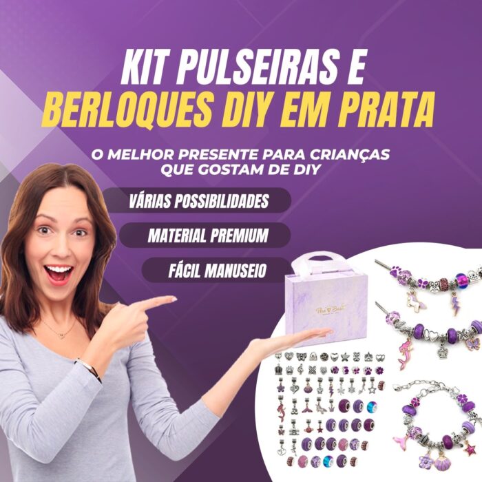 Kit Pulseiras e Berloques DIY em Prata - 64 Peças - vipzio