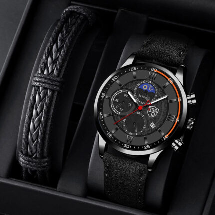 Kit Relógio + Pulseira em Couro Mens Sports - vipzio