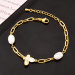 Pulseira Borboleta com Pérolas de Água Doce Ajustável em Aço Inoxidável - vipzio