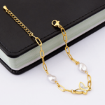 Pulseira Borboleta com Pérolas de Água Doce Ajustável em Aço Inoxidável - vipzio