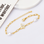 Pulseira Borboleta com Pérolas de Água Doce Ajustável em Aço Inoxidável - vipzio