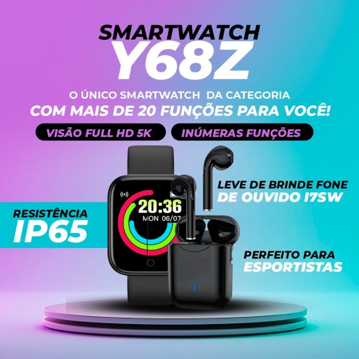 SmartWatch Y68Z - Leve de Brinde Fone de Ouvido I7SW - vipzio