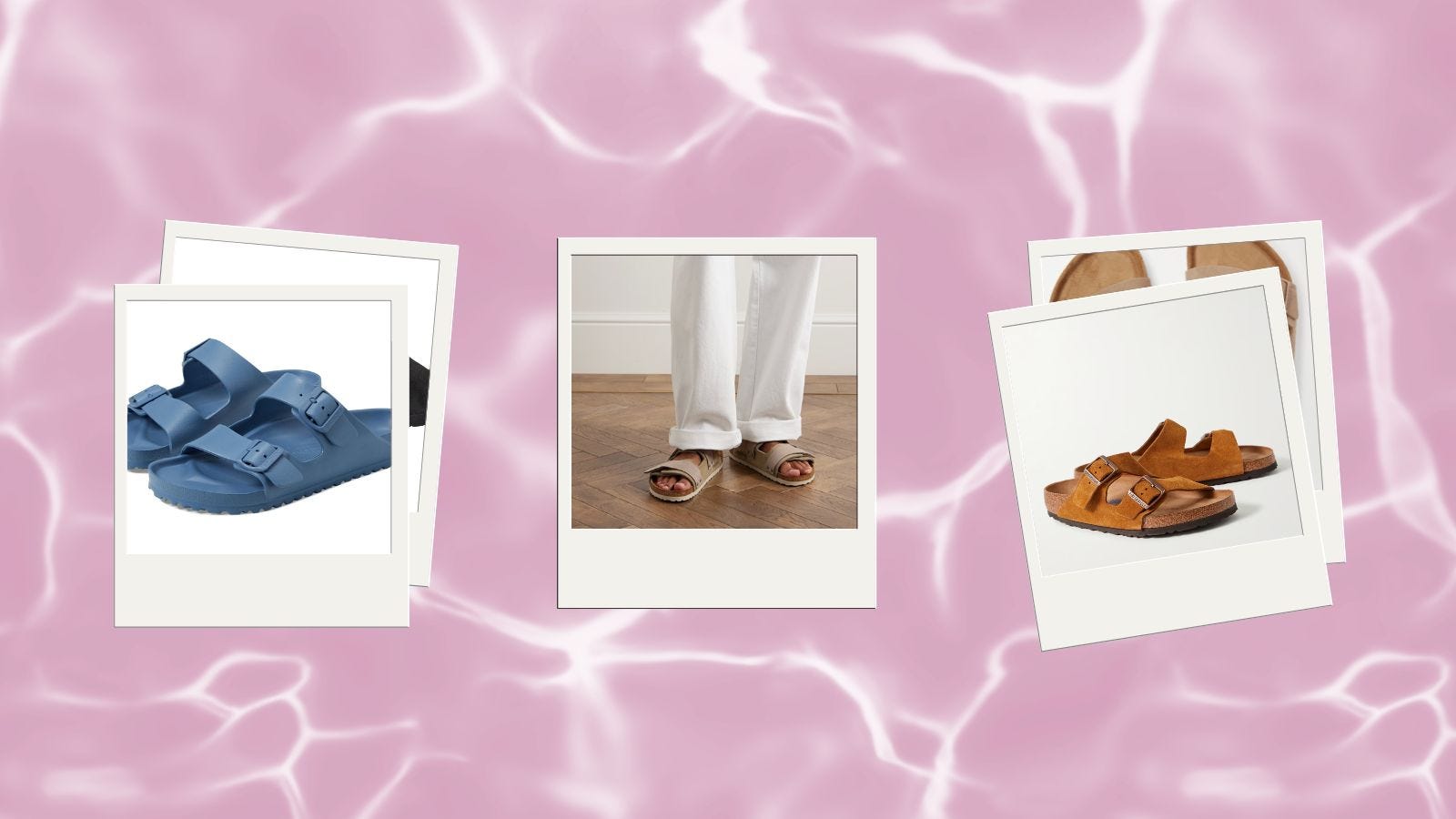images of men's birkenstock sandals, including a blue pair, a brown suede pair, and a single-strap tan pair