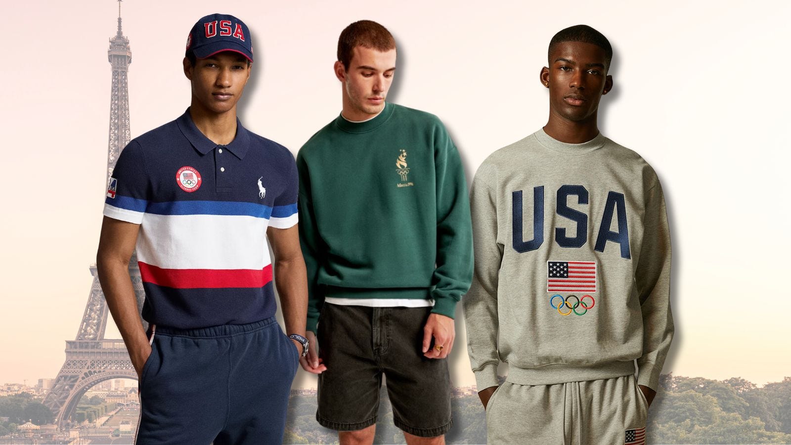 three men in Olympics merchandise, including a polo ralph lauren polo shirt, an Abercrombie sweatshirt featuring the logo from the atlanta games, and a team usa grey crewneck sweatshirt