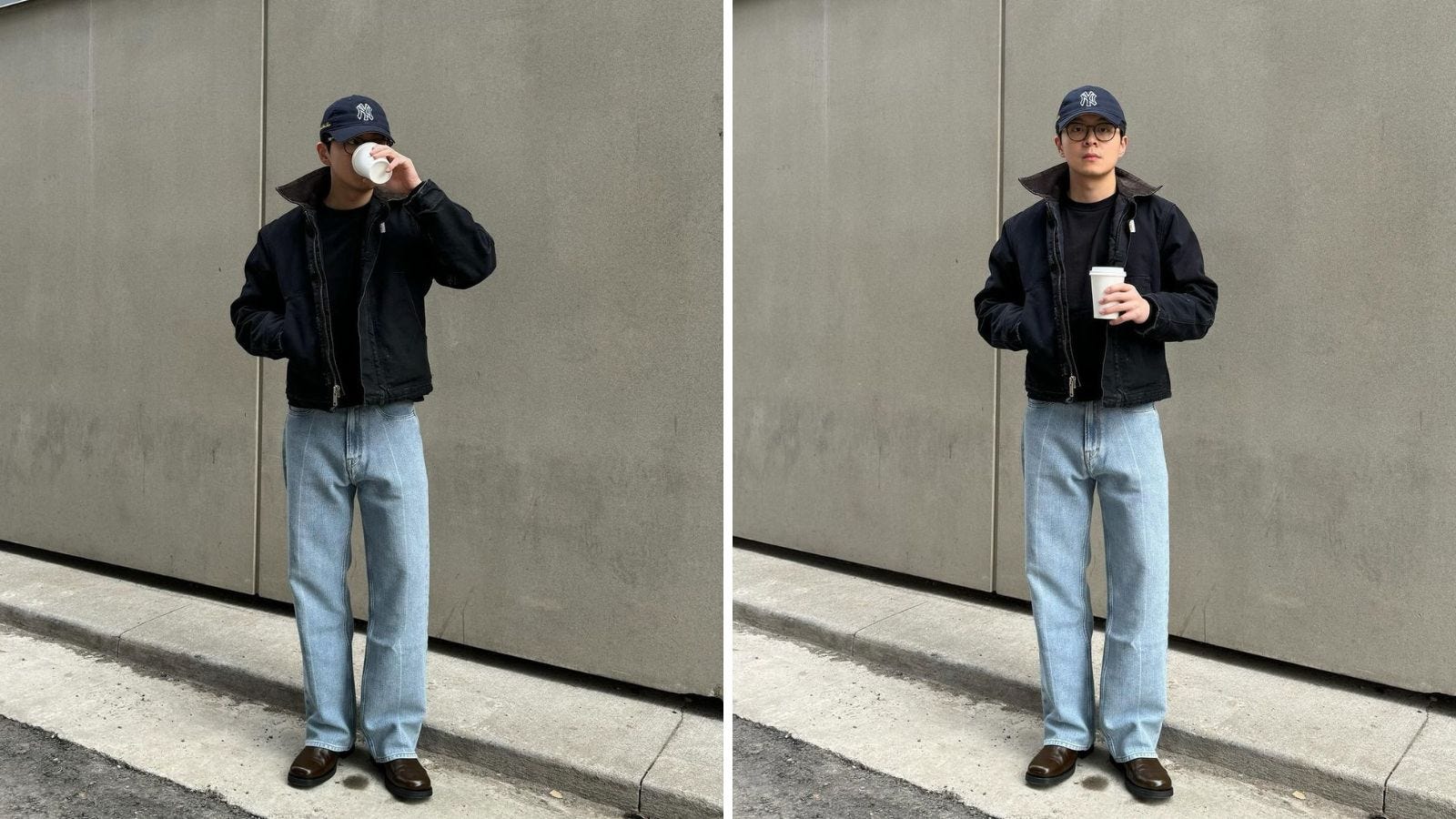 side by side images of a man standing outside, drinking a cup of coffee. he's wearing a dark jacket, light jeans, and dark loafers